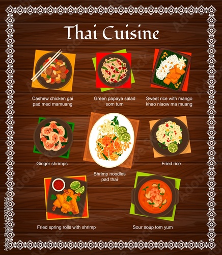 Thai cuisine vector menu, food meals of Thailand