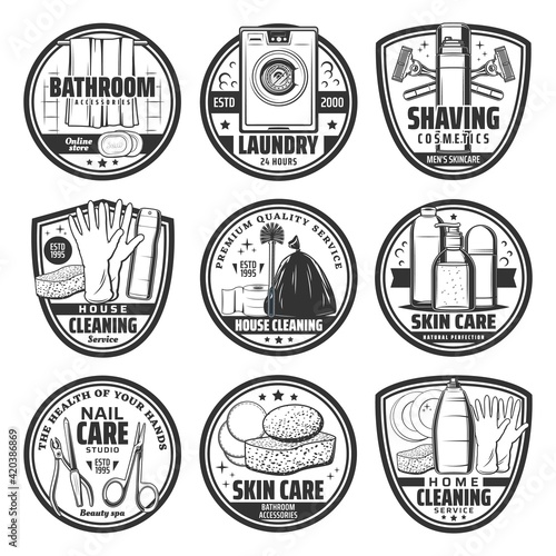 Washing, hygiene and home cleaning retro icons photo