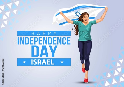 happy independence day israel. girl running with israel flag. vector illustration design