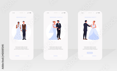 Wedding party mobile application pages set. flat vector illustration