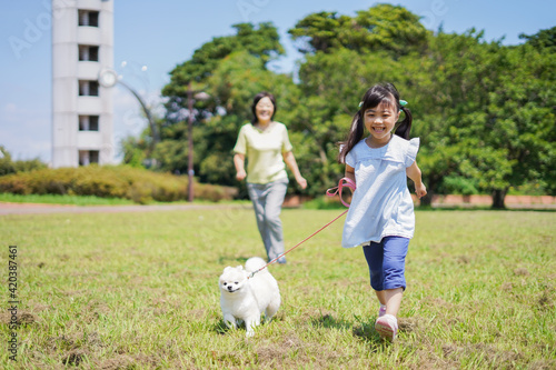 おばあちゃんと犬の散歩をする小さな女の子 photo