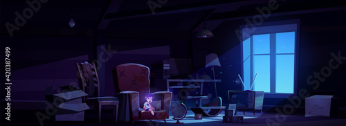 Abandoned night attic with ghost boy, spooky scene