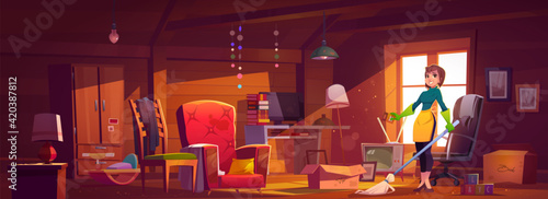 Household woman clean attic room, mother housewife