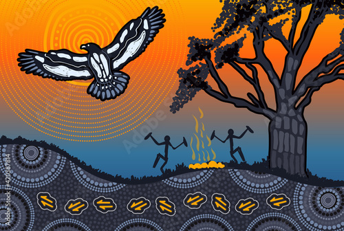 Aboriginal painting with people dancing around the campfire