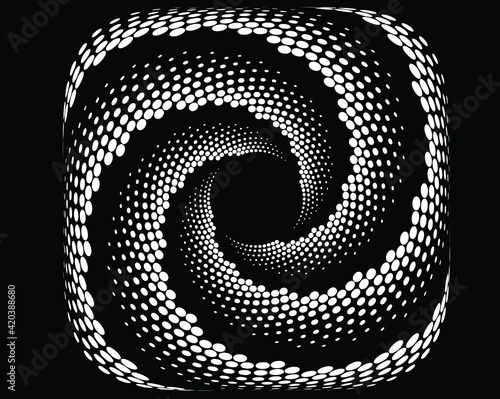  White halftone dots in vortex form. Geometric art. Trendy design element.Circular and radial lines volute, helix.Segmented circle with rotation.Radiating arc lines.Cochlear