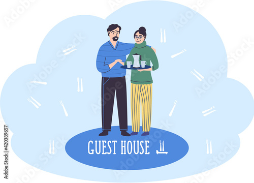 Guest house with seniors welcoming guests to party. Happy adult hospitable people meet friends