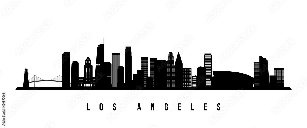 Los Angeles skyline horizontal banner. Black and white silhouette of Los Angeles, California. Vector template for your design.
