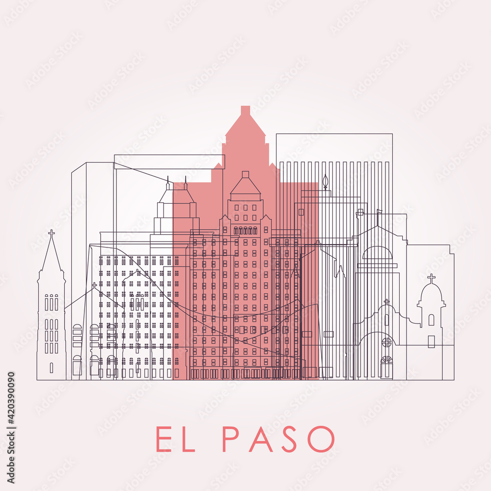 Outline El Paso skyline with landmarks. Vector illustration. Business travel and tourism concept with historic buildings. Image for presentation, banner, placard and web site.
