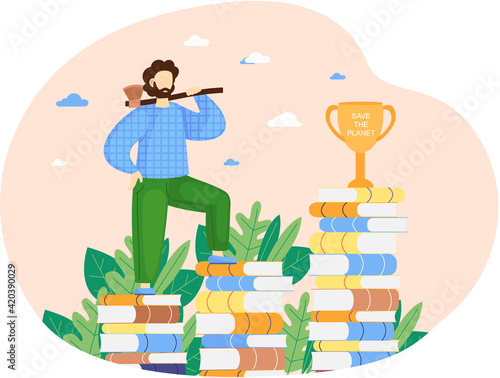 Lumberjack carrying an ax looking up stands on stack of books against background of green bushes