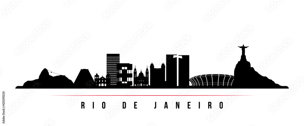 Rio De Janeiro skyline horizontal banner. Black and white silhouette of Rio De Janeiro, Brazil. Vector template for your design.