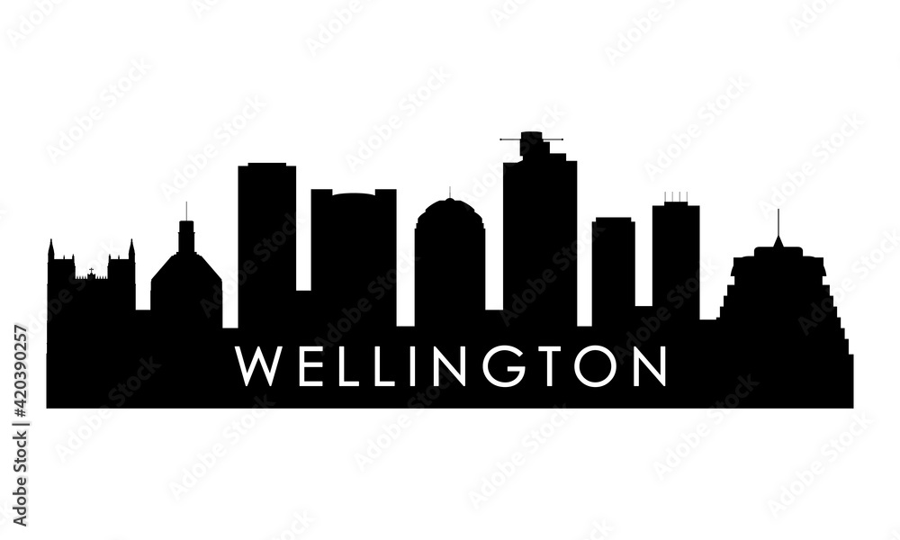 Wellington skyline silhouette. Black Wellington city design isolated on white background.