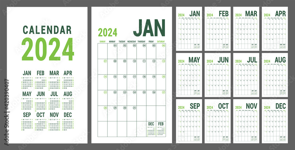 Calendar planner 2024. English calender green template. Vector grid. Office business planning. Creative trendy design Calendar planner 2024. English calender green template. Vector grid. Office business planning. Creative trendy design