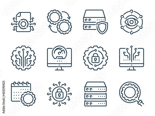 Data science, Network and Computer technology related vector line icons. Machine learning and computing outline icon set.