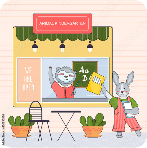 Animal kindergarten, cartoon wild baby forest animals attend classes and play games outside home