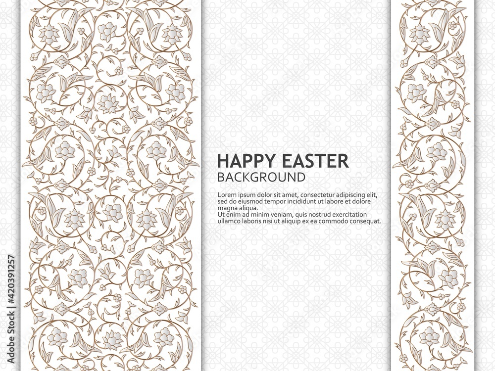 Happy Easter background with arabesque floral pattern. Good design template for banner, greeting card, flyer Happy Easter background with arabesque floral pattern. Good design template for banner, greeting card, flyer