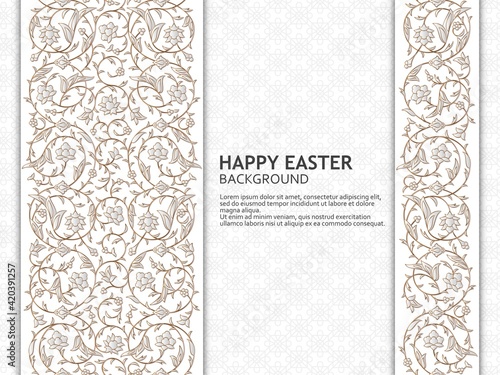 Happy Easter background with arabesque floral pattern. Good design template for banner, greeting card, flyer