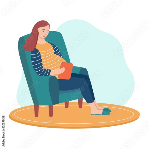 A young pregnant woman sits in a chair and holds a tablet in her hands. The concept of everyday activities and daily life. Flat cartoon vector illustration.