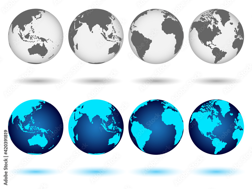 Set of globes of Earth in blue and monochrome colors. Realistic world map in globe shape with shadow