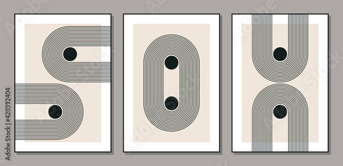 Set of minimal 20s geometric design posters with primitive shapes