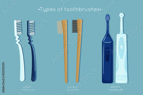 Vector set of toothbrush hygiene icons. Type of toothbrushes, plastic, bamboo, ultrasonic and electric. Dental concept.