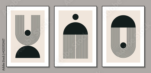 Set of minimal 20s geometric design posters with primitive shapes