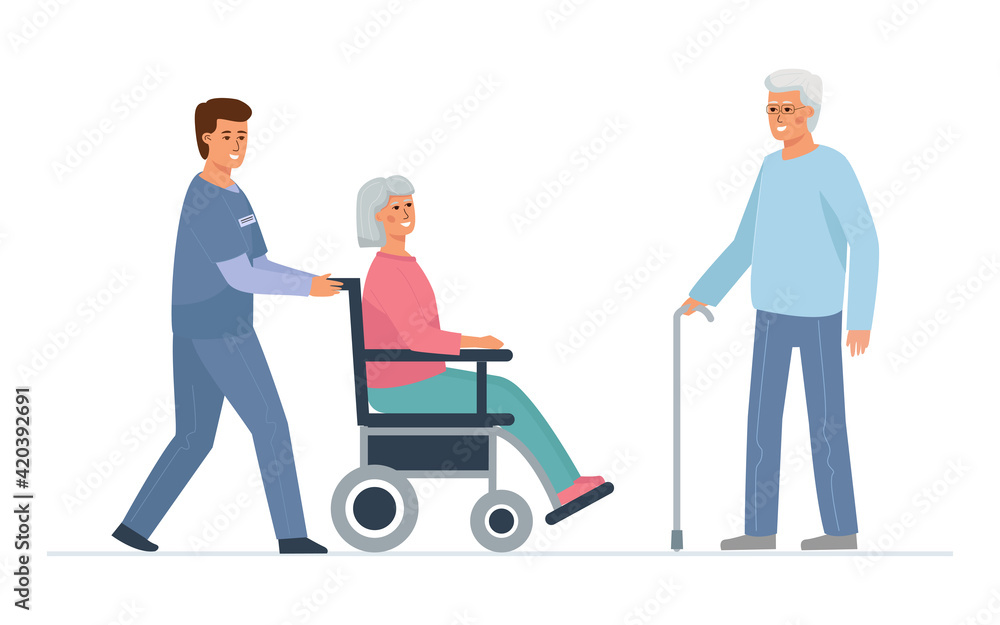 Caregiver pushes a wheelchair with an elderly woman, and a man with a cane stands next to her. Nursing home patients.