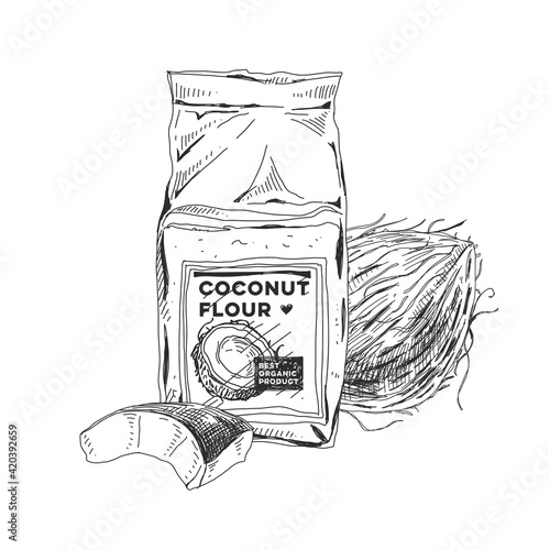 Coconut flour package, retro hand drawn vector illustration.