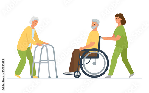 Disabled patients with a nurse. Meeting of an elderly couple in a nursing home, a woman with a walker, a man in a wheelchair.