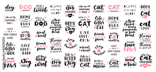 Cat and dog phrase black and white poster. Inspirational quotes about cat, dog and domestical pets. Hand written phrases for poster, cat and dog adoption lettering. Adopt a cat, dog.