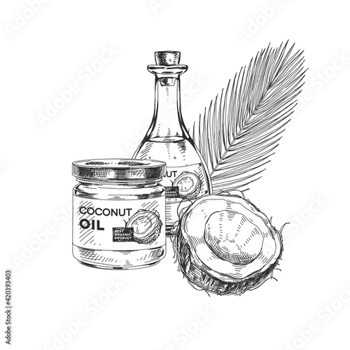 Coconut oil set, retro hand drawn vector illustration.