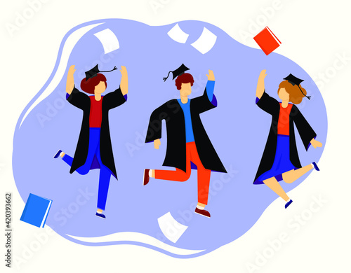 Graduates in graduate gowns and prom caps jump to celebrate and throw away books and sheets. Vector illustration, flat style