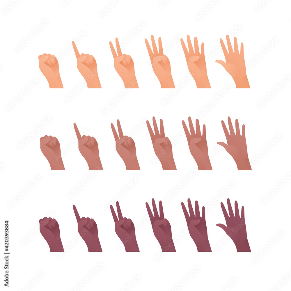Hand gesture icon collection. Vector flat multiracial llustration set. Caucasian, african american and indian ethnic. Finger count symbol. Open palm. Design element for web. Hand gesture icon collection. Vector flat multiracial llustration set. Caucasian, african american and indian ethnic. Finger count symbol. Open palm. Design element for web.