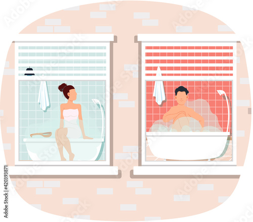 View from window on people in home sauna with steam taking bath. Bathrooms interior design