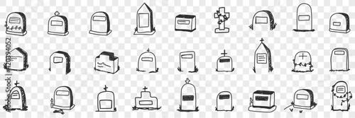 Monument on grave doodle set. Collection of hand drawn various shapes and forms of graves monuments at cemetery for memory isolated on transparent background