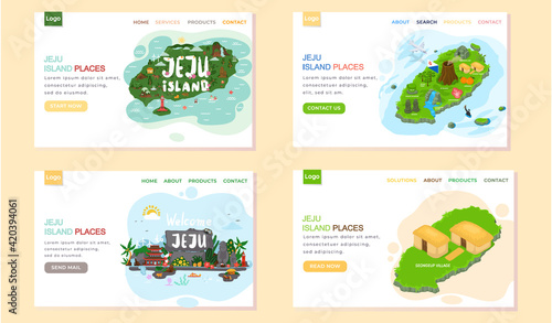 Welcome to Jeju island in South Korea, traditional landmarks, symbols. Korean land with traditional attractions