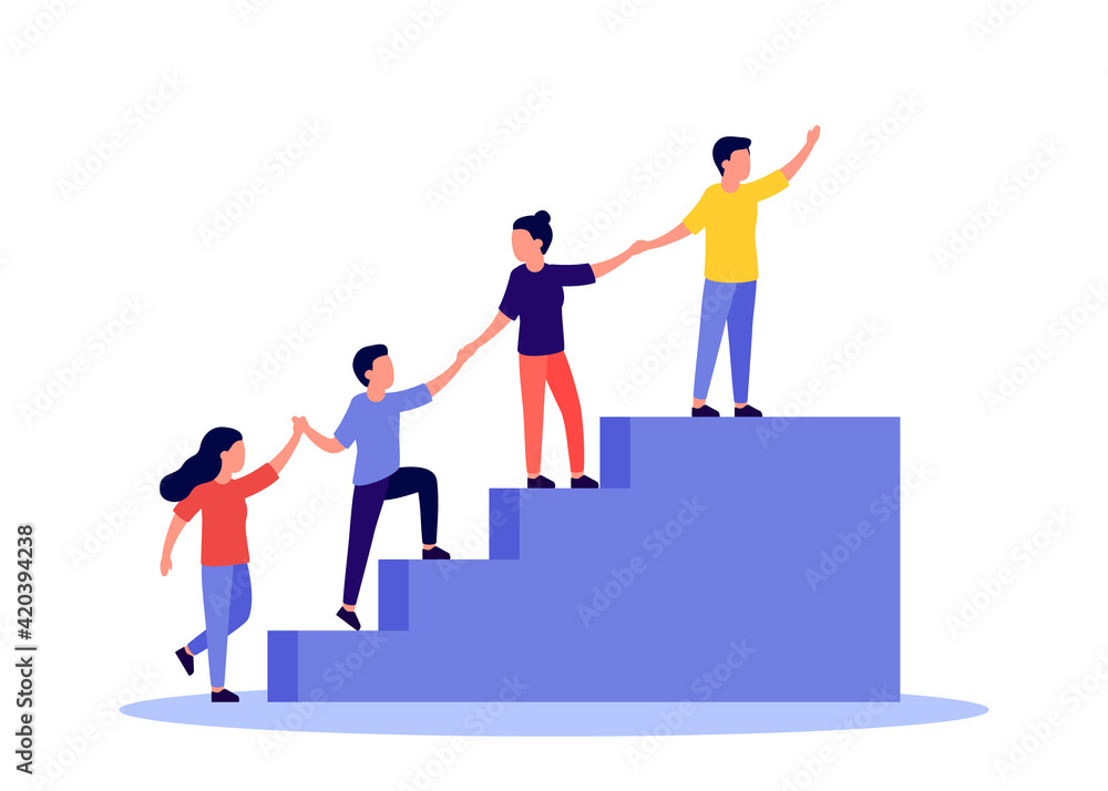 Team of people is united by aspiration and achievement together up stairs. Business support and help group people for success and growing, partnership concept. Symbol of teamwork, cooperation. Vector