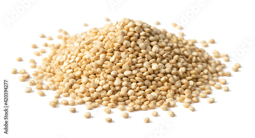 small pile of raw white quinoa, isolated on pure white background