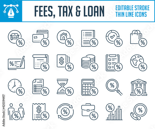 Tax, Fees and Loans thin line icons. Commission and Discount outline icon set. Editable stroke icons.