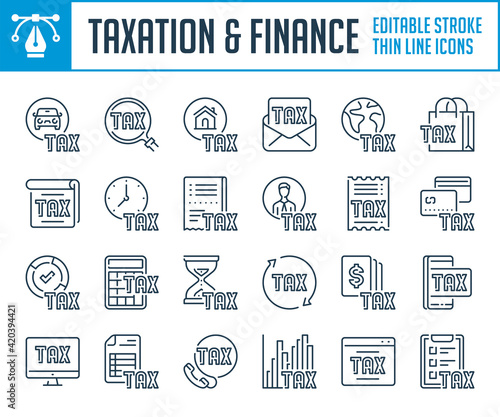 Taxation and Tax deduction thin line icons. Accounting and Finance calculation outline icon set. Editable stroke icons.