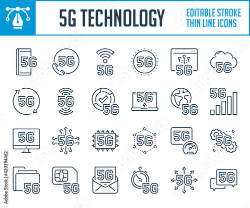 5G technology and Network thin line icons. Fifth generation telecommunications and Broadcast outline icon set. Editable stroke icons.