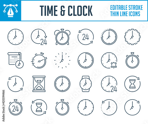 Time and clock thin line icons. Time management and Measurement outline icon set. Editable stroke icons.