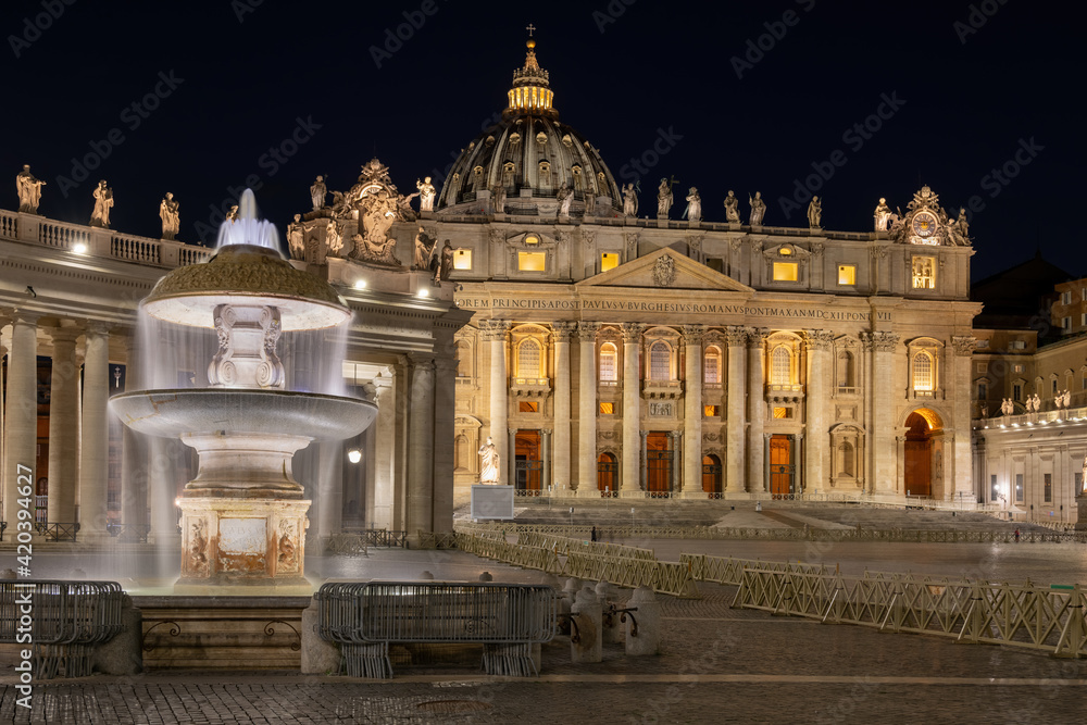 St Peter Basilica and Fountain in Vatican at Night