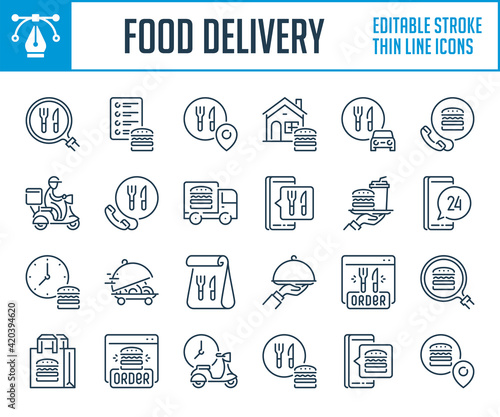 Food delivery service thin line icons. Ordering products from home and Online order outline icon set. Editable stroke icons.