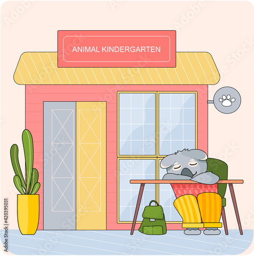 Animal kindergarten, cartoon wild baby animals attend classes and play games in nursery school