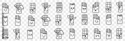 Packs with chocolate bars doodle set. Collection of hand drawn funny smiling packs with chocolate whole or bitten off isolated on transparent background