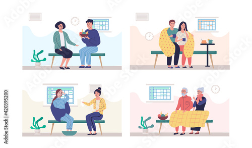 Set of illustrations about treatment and prevention of disease. Sick people spend time in quarantine