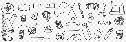 Tools for sewing doodle set. Collection of hand drawn measuring tape needles scissors sewing machine tools for sewing and knitting isolated on transparent background