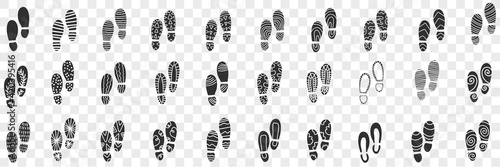 Footprints of boots doodle set. Collection of hand drawn various shapes and patterns of footprints of boots Trail from the sole boot isolated on transparent background