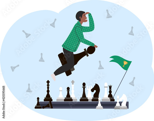 Chess player happy man sitting astride chess piece flies up to meet achievements, future goals