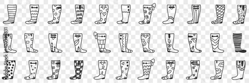 Rubber boots designs doodle set. Collection of hand drawn various designs and patterns of rubber boots for wearing during rainy weather footwear isolated on transparent background